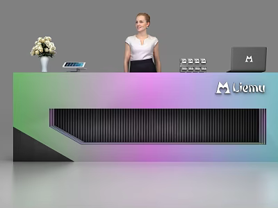 Modern Gradient Colored Reception Desk With Flower Vase Tablet Laptop Liemo Logo And Woman 3d model