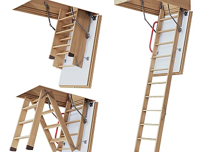 Wooden Attic Ladder With Ceiling Mount Retractable Design And Sturdy Steps 3d model