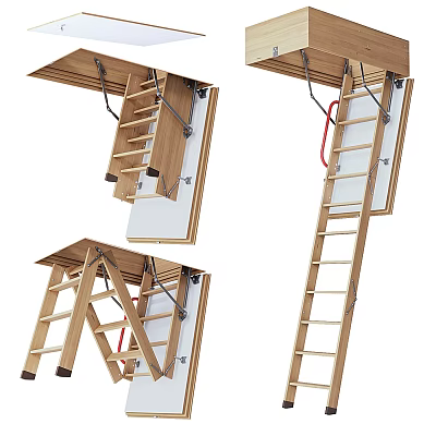 Wooden Attic Ladder With Ceiling Mount Retractable Design And Sturdy Steps 3d model