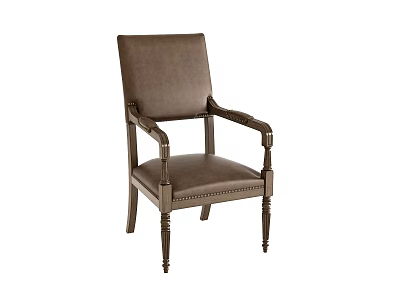 Brown Leather Office Chair with Armrests and Decorative Wooden Legs 3d model