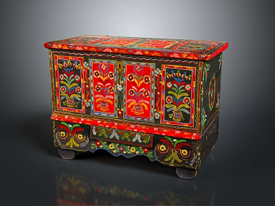 Colorful Hand Painted Console Cabinet With Traditional Decorative Patterns And Red Black Finish 3d model