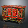 Colorful Hand Painted Console Cabinet With Traditional Decorative Patterns And Red Black Finish