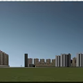 Modern Residential Buildings With Green Grassland Trees And People Walking Under Sunset Sky