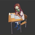 Game Movie Character Red Haired Girl Sitting At Desk In School Uniform Writing In Notebook