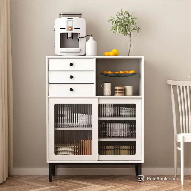 White Sideboard with Drawers and Glass Doors Holding Dinnerware Top Coffee Machine Lemons and Vase 3d model 