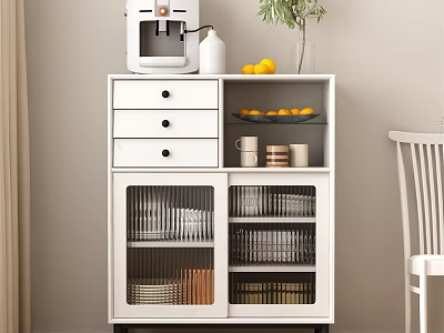White Sideboard with Drawers and Glass Doors Holding Dinnerware Top Coffee Machine Lemons and Vase 3d model
