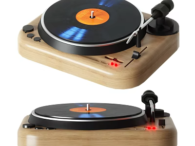 Stylish Entertainment Appliance Turntable With Wooden Design Vinyl Record And Red Indicator Light 3d model