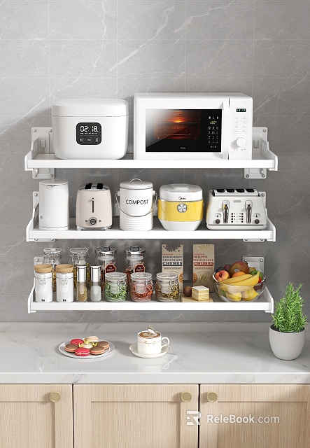 White Wall Mounted Kitchen Shelves With Appliances Jars And Fruits 3d model 