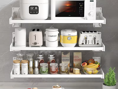 White Wall Mounted Kitchen Shelves With Appliances Jars And Fruits 3d model