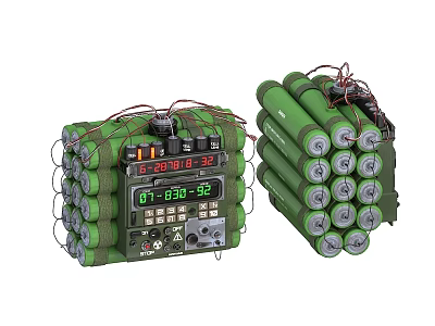 Explosive Weapon System With Digital Timer Green Stacked Cylindrical Explosives And Wires 3d model