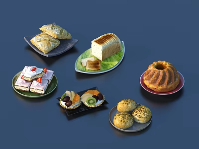 Delicious Assorted Baked Goods Including Croissants Toasted Bread Cake Strawberry Desserts and Buns 3d model