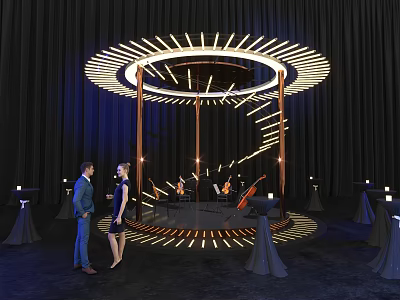 Circular Stage With Ring Lighting And Wooden Supports Near Decorative Tables And People 3d model