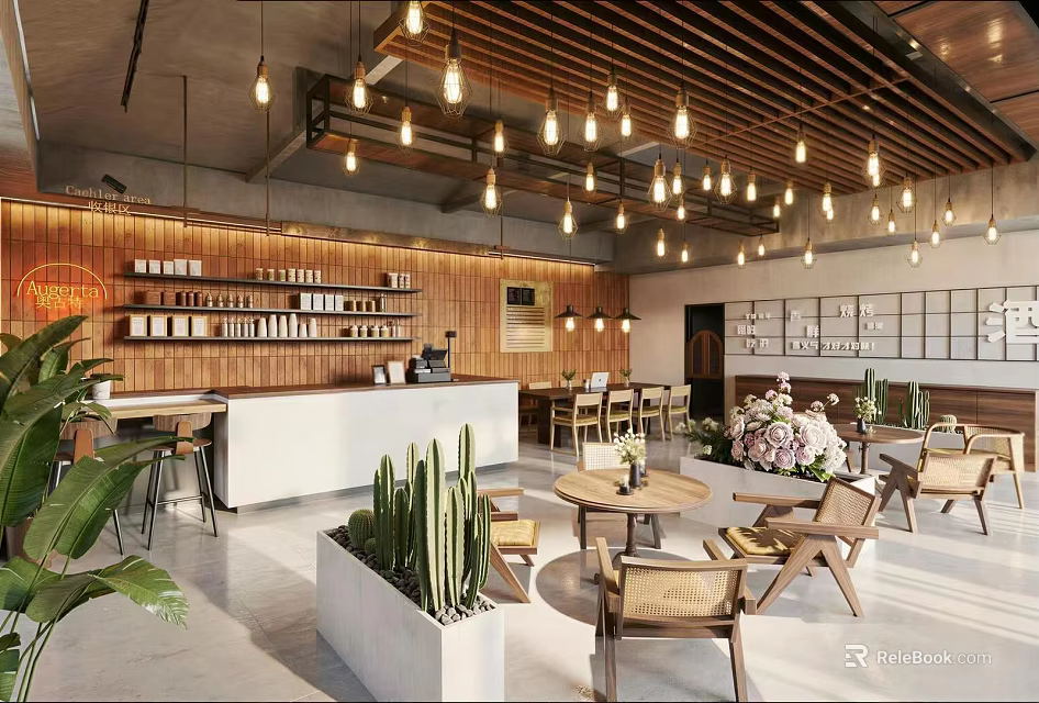 Modern Spacious Cafe Interior With Wooden Accents Cozy Hanging Lights And Comfortable Relaxing Seating Areas 3d model 