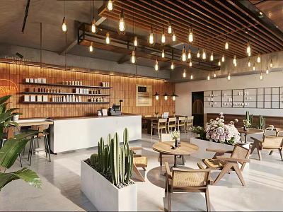 Modern Spacious Cafe Interior With Wooden Accents Cozy Hanging Lights And Comfortable Relaxing Seating Areas 3d model