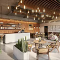 Modern Spacious Cafe Interior With Wooden Accents Cozy Hanging Lights And Comfortable Relaxing Seating Areas