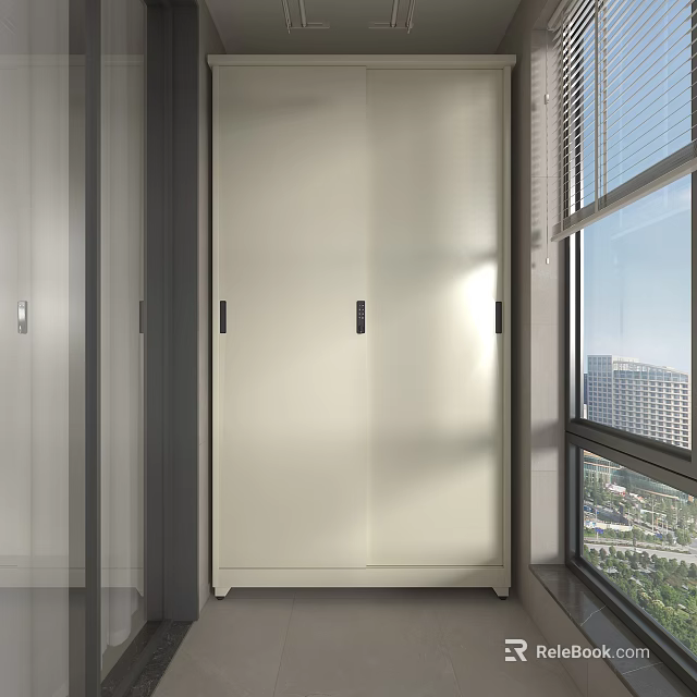 Modern White Storage Cabinet Interior With Sliding Doors And Window View 3d model