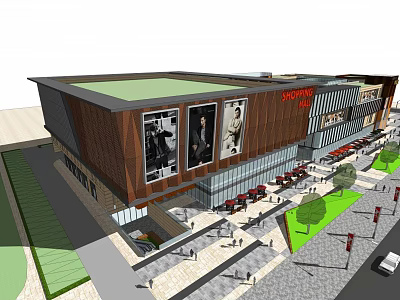 Modern Commercial Complex With Large Advertising Posters Street Parking Pedestrians And Greenery 3d model