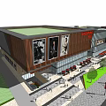 Modern Commercial Complex With Large Advertising Posters Street Parking Pedestrians And Greenery