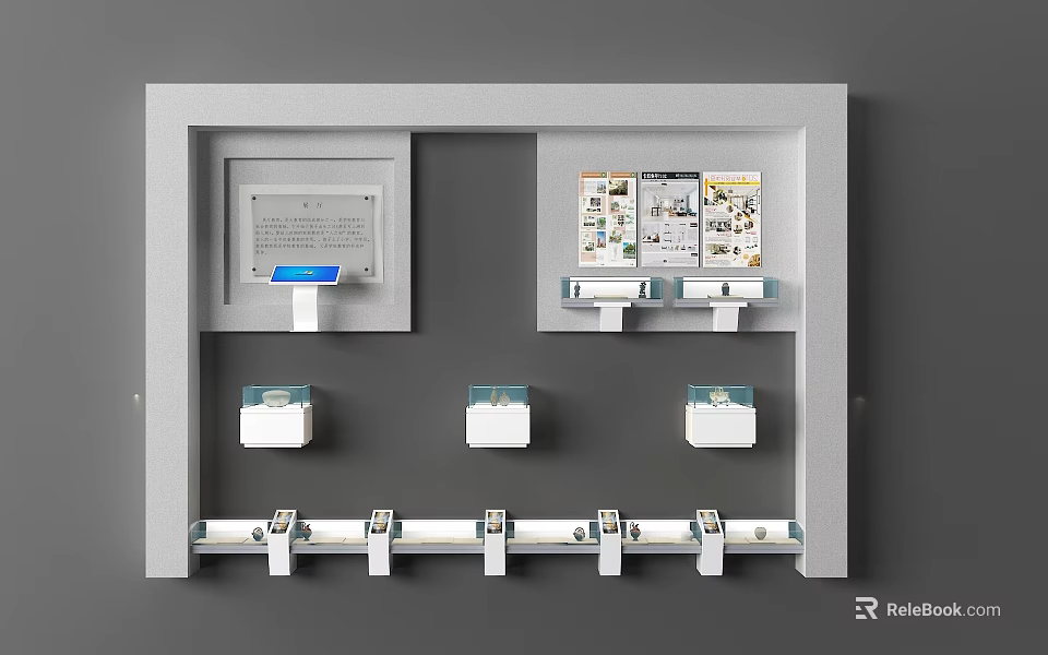 Gray Background Wall With White Frame Blue Screen Device Display Board White Boxes And Hooks 3d model