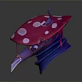 Purple Butterfly Perched on Pink Mushroom with White Spots and Purple Base