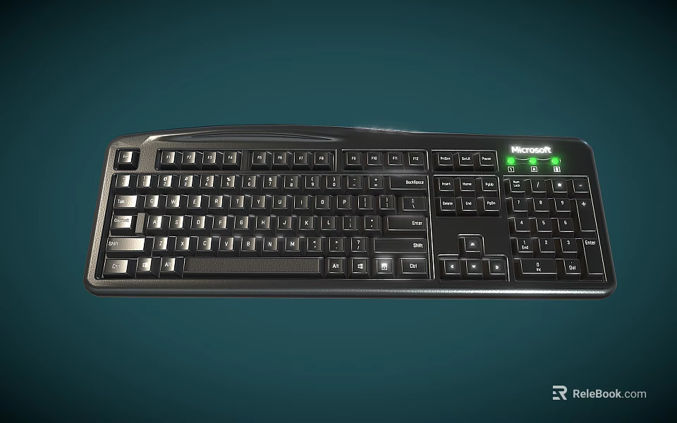Black Ergonomic Desktop Computer Keyboard With Numeric Keypad And Green Indicator Lights 3d model 