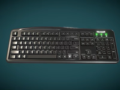 Black Ergonomic Desktop Computer Keyboard With Numeric Keypad And Green Indicator Lights 3d model
