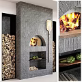 Gray Brick Fireplace with Burning Fire Wooden Shovel Stacks of Firewood and Shelf