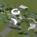 Modern Plaza Landscape With Circular Building Winding Paths Lush Greenery And Open Spaces