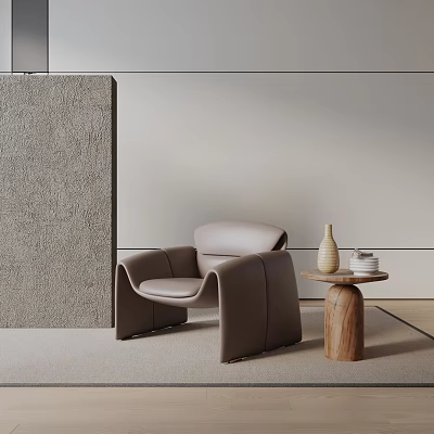 Brown Leather Leisure Chair With Modern Design Wooden Side Table And Textured Partition In Room 3d model