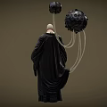 Bald Obese Game Movie Character In Black Robe With Hanging Black Spherical Objects