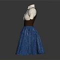 Fashionable Women's Dress With White Short Sleeved Top Brown Suspenders And Blue Flared Skirt