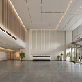 Elegant Hotel Lobby Interior Design With Wooden Accent Wall Gray Flooring And Green Plants