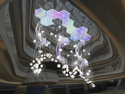 Colorful Transparent Geometric Art Installation Suspended From Modern Building Ceiling With Light Strings 3d model