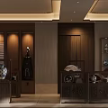 Chinese Style Elevator Corridor With Spacious Design Stone Wall Pine Tree Rockery And Wooden Decorations
