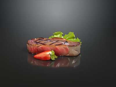 Delicious Grilled Steak Garnished With Fresh Strawberry And Crisp Lettuce On Dark Smooth Reflective Background 3d model