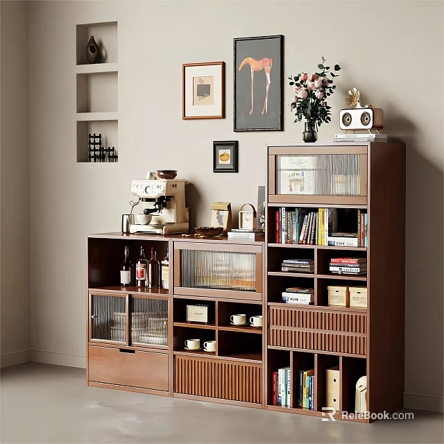 Brown Wooden Sideboard with Coffee Machine Wine Bottles Books Wall Art and Vase 3d model 