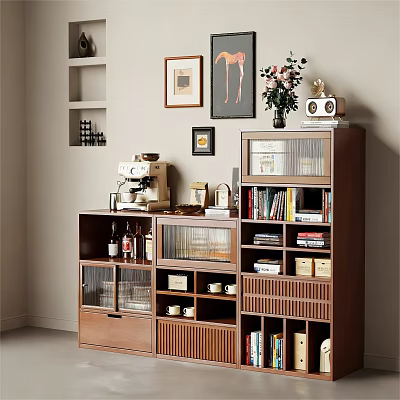 Brown Wooden Sideboard with Coffee Machine Wine Bottles Books Wall Art and Vase 3d model
