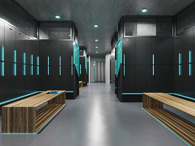 Modern Fitness Locker Room With Black Lockers Wooden Benches Blue Accents And Gray Flooring 3d model
