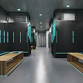 Modern Fitness Locker Room With Black Lockers Wooden Benches Blue Accents And Gray Flooring