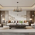 New Chinese Style Living Room Interior With Chandelier Sofa Coffee Table And Decorative Painting