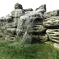 Small Garden Decorative Rockery Waterfall with Stacked Stones and Green Pond