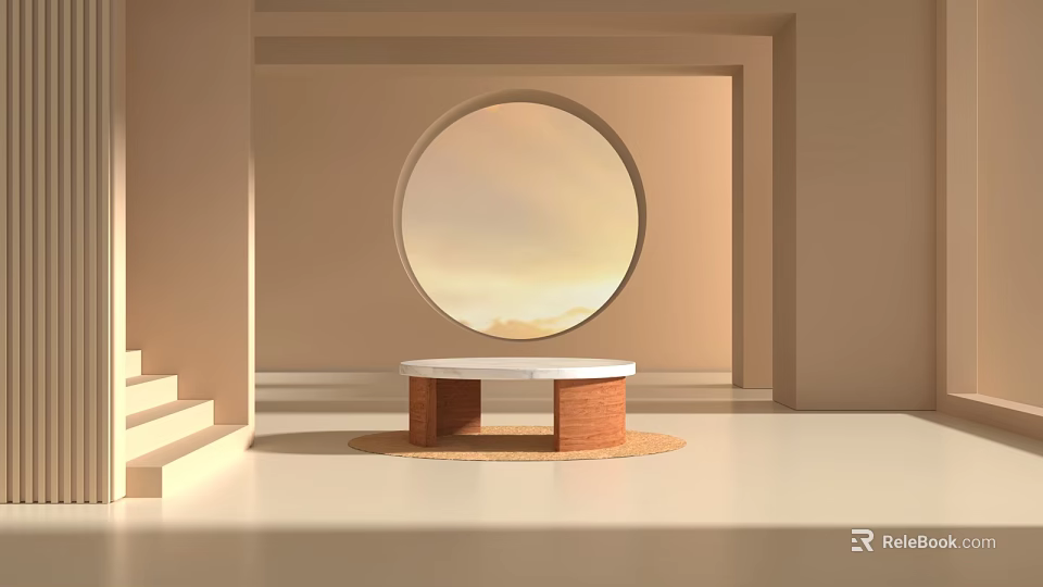 Modern Display Shelves With Wooden Structure In Beige Interior And Circular Window Design 3d model 