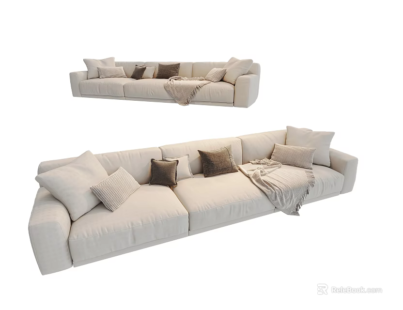 Cream Sectional Sofa With Multiple Decorative Pillows And Soft Throw Blanket 3d model