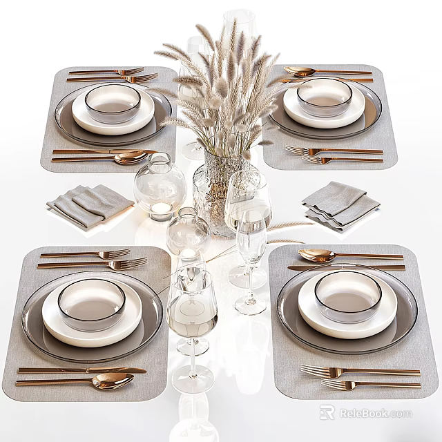Decorative Tableware Set with Plates Cutlery Glassware Napkins and Dried Flower Vase 3d model 