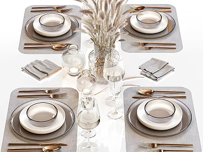 Decorative Tableware Set with Plates Cutlery Glassware Napkins and Dried Flower Vase 3d model