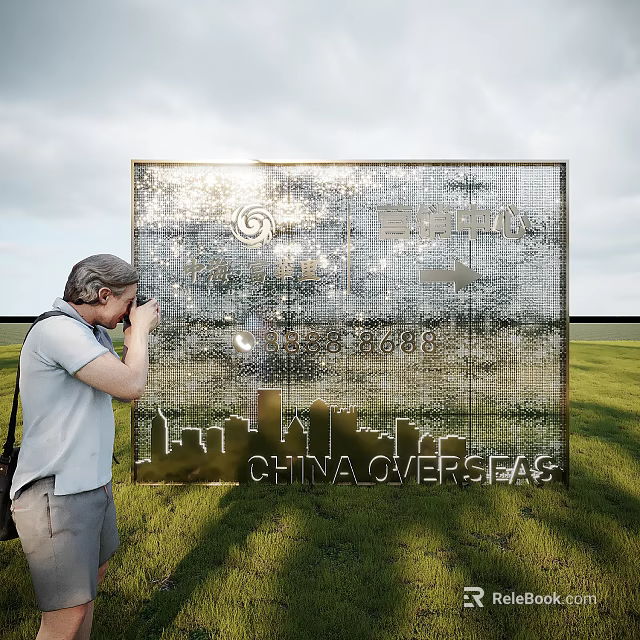 Golden Event Display Wall with China Overseas Text City Skyline Silhouette and Person Taking 3d model 