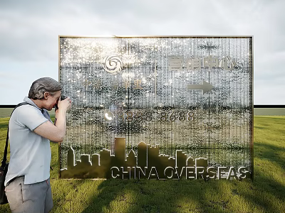 Golden Event Display Wall with China Overseas Text City Skyline Silhouette and Person Taking 3d model