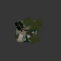 Cartoon Scene of Cozy Forest Cabin with Green Roof Pine Trees Wooden Bridge and Pond