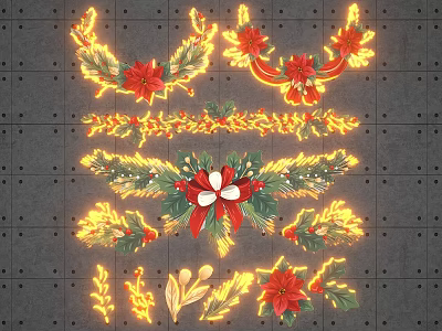 Christmas Decorative Elements With Red Poinsettias Green Foliage And Illuminated Gold Accents 3d model