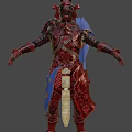 Man in red samurai armor with intricate patterns horned helmet and blue cape on shoulders